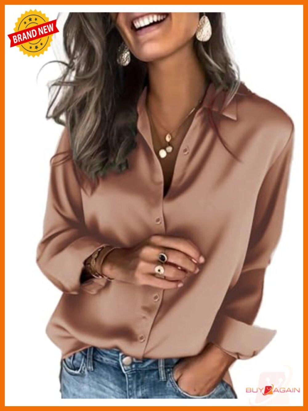 Satin Button Down Blouse Long Sleeve V-Neck Lightweight Stretchable Shirt